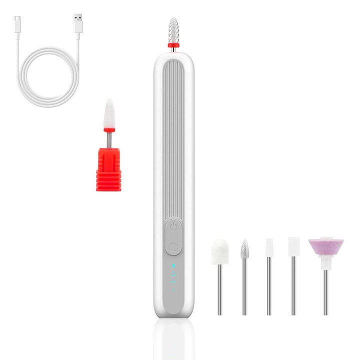 Freza Unghii Electrica Elindor® Wireless, Portabila, Pila Electrica Reincarcabila, Set Complet de Ingrijire pentru Manichiura si Pedichiura Profesionala, Cuticule sau Calcaie, 5000 RPM, 6 Capete Detasabile, Design Ergonomic, Alb