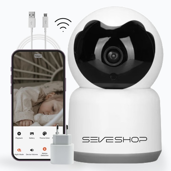 Baby Monitor, SeveShop®, Wireless, FullHD 1080p, Rotire 360°, Monitor Bebelusi cu Vedere Nocturna Infrarosu, Video / Audio, Camera Bebelusi cu Senzor si Alarma de Miscare, Auto Tracking, Sunet Bidirectional, Adaptor, Cablu USB, Baby Monitor Alb