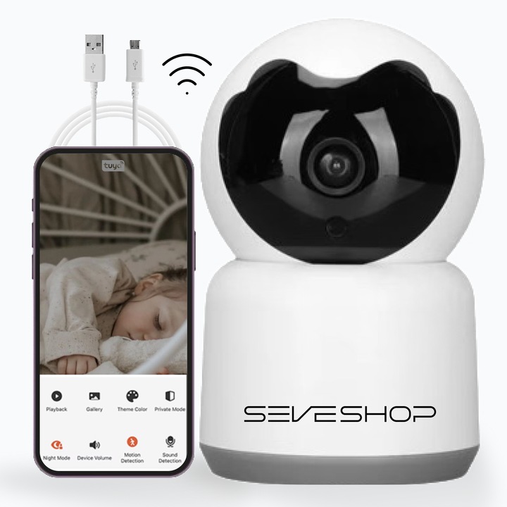 Бебефон SeveShop, безжичен, FullHD 1080p, ротация на 360°, бебешко видео/аудио наблюдение, инфрачервено нощно виждане, сензор за движение и аларма, автоматично проследяване, двупосочен звук, адаптер, USB кабел, включен хигротермометър, бял