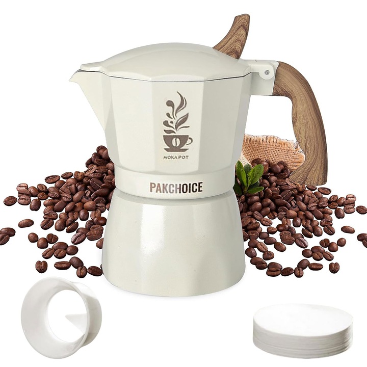 Машина за еспресо Moka, 3 чаши, 150 мл, кремаво бяла, алуминий
