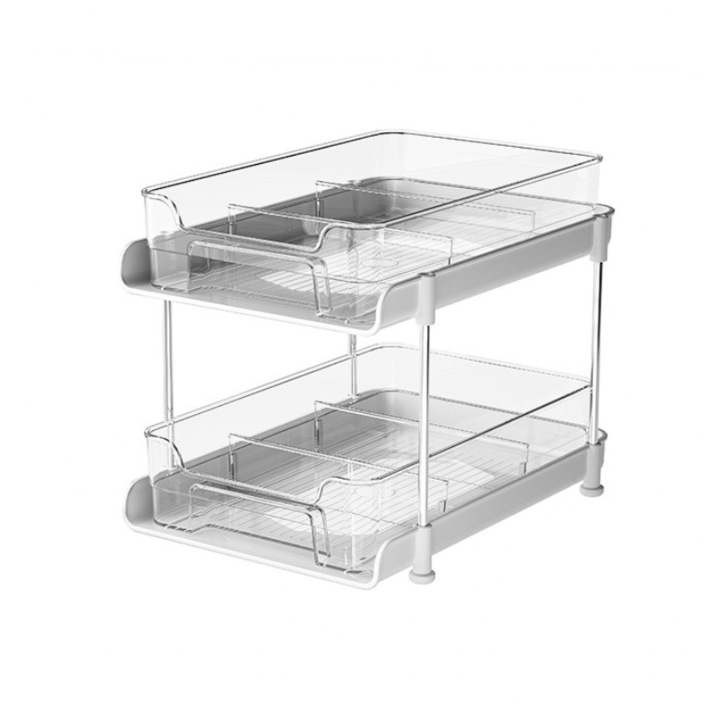 Suport cu 2 rafturi retractabile, 2 nivele si 6 compartimente de depozitare, 29 (L) x 20 (l) x 23 (H) cm, alb