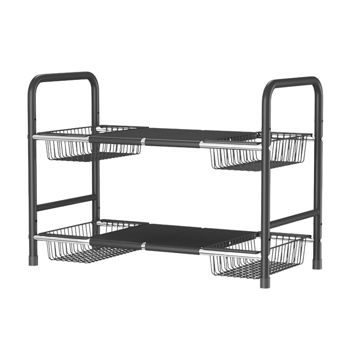 Raft metalic pentru depozitare sub chiuveta, extensibil 55-85 cm, 4 cosuri si 4 suporturi, 85 (L) x 38 (l) x (H) cm, negru