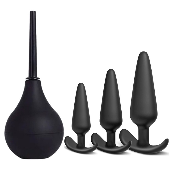 Set de 4 Dispozitive igiena anala, portabile, reutilizabile, silicon, negru, pentru curatarea colonului