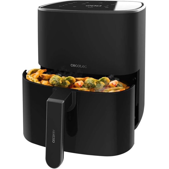 Фритюрник с горещ въздух Cecotec без масло 03294, 5.5 L, 1500 W, неръждаема стомана, 9 менюта, технология Perfect Cook, 80-200ºC, черен