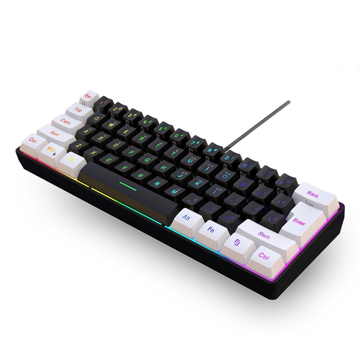 Кабелна механична клавиатура, Axroad Mall, V700WB, RGB, Геймърска, 61 клавиша, Устойчивост на разливане, Ергономичен дизайн, 1,7 м кабел, Съвместима с Windows/macOS/iOS/Android, ABS, Черен