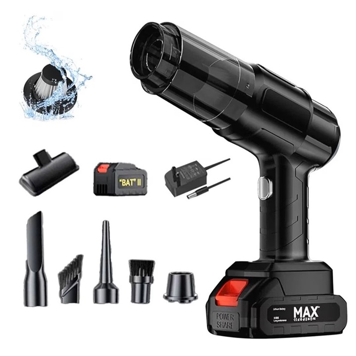 Aspirator Auto 6 in 1 Fara Fir HOZRO, pentru Casa, Masina, Calculator, Birou, Putere 100W, Eficienta Mare, Functii de Aspirare, Suflare, Vidare, Filtru HEPA, Perie Detailing, Negru