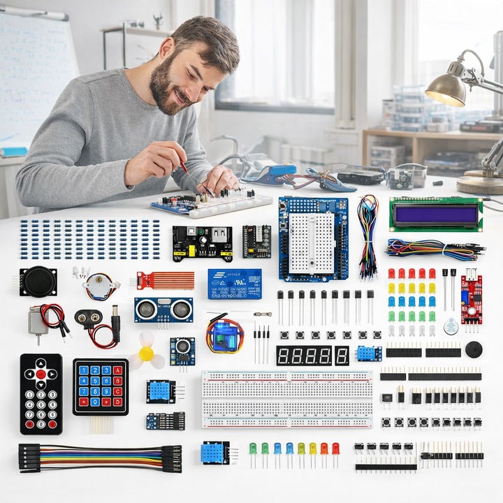 Kit de programare Arduino Starter UNO R3, LCD1602, Pentru incepatori, Display LCD, Fotorezistor LDR, motor pas cu pas, servo motor SG90, set multicolor