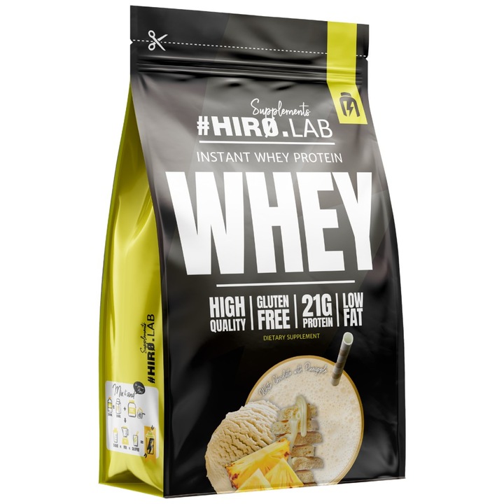 Supliment alimentar Hero.Lab Instant Whey Protein Concentrat din zer de inalta calitate, ciocolata alba cu ananas, 750 grame