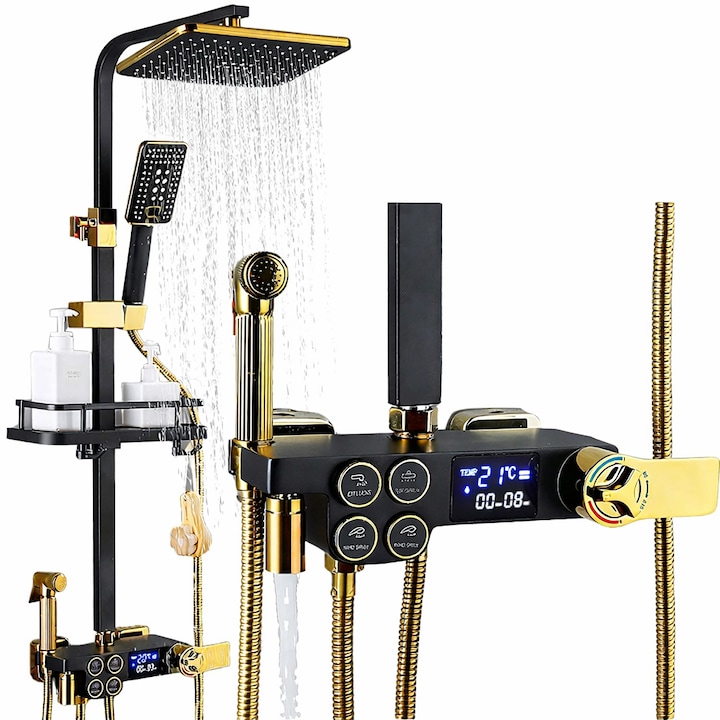 Coloana de Dus Smart, Multifunctionala, Set Complet cu Etajera, Para de Dus, Palarie Dus cu Efect Ploaie, Ecran LED Afisare Temperatura, 3 Moduri de Pulverizare, Design Modern, Fara Conectare la Energie Electrica - Negru Auriu