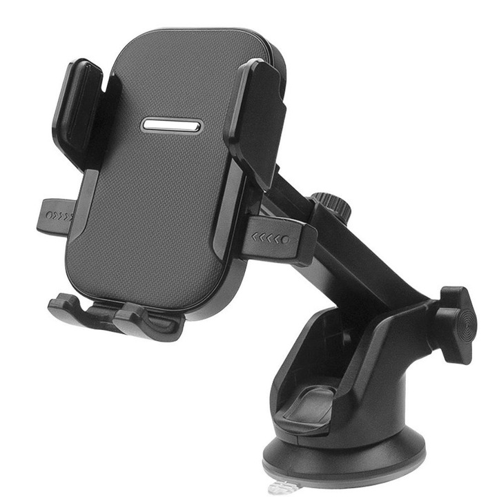 Suport auto pentru telefon, MXCH-07, ajustabil(6,4-9 cm), rezistent, prindere ventuza sau ventilatie, brat lung 6,5-15 cm, usor de folosit, Negru