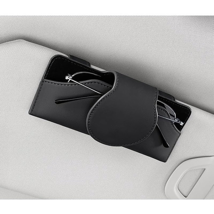 Suport auto pentru ochelari, fixare pe parasolar 17 x 7 cm, Salestore.ro® inchidere magnetica, Piele ecologica si catifea, Negru