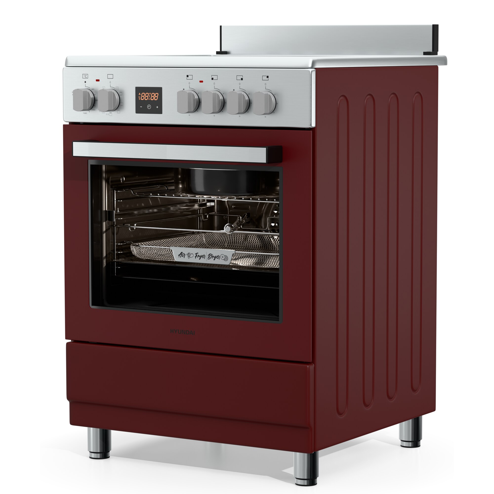 Aragaz Hyundai HCVR24S-6060V/G, 4 zone de gatit, Electric, Latime 60 cm, Inaltime 90 cm, Airfry, Rotisor, Constructii grele semi-profesionale, Bordeaux