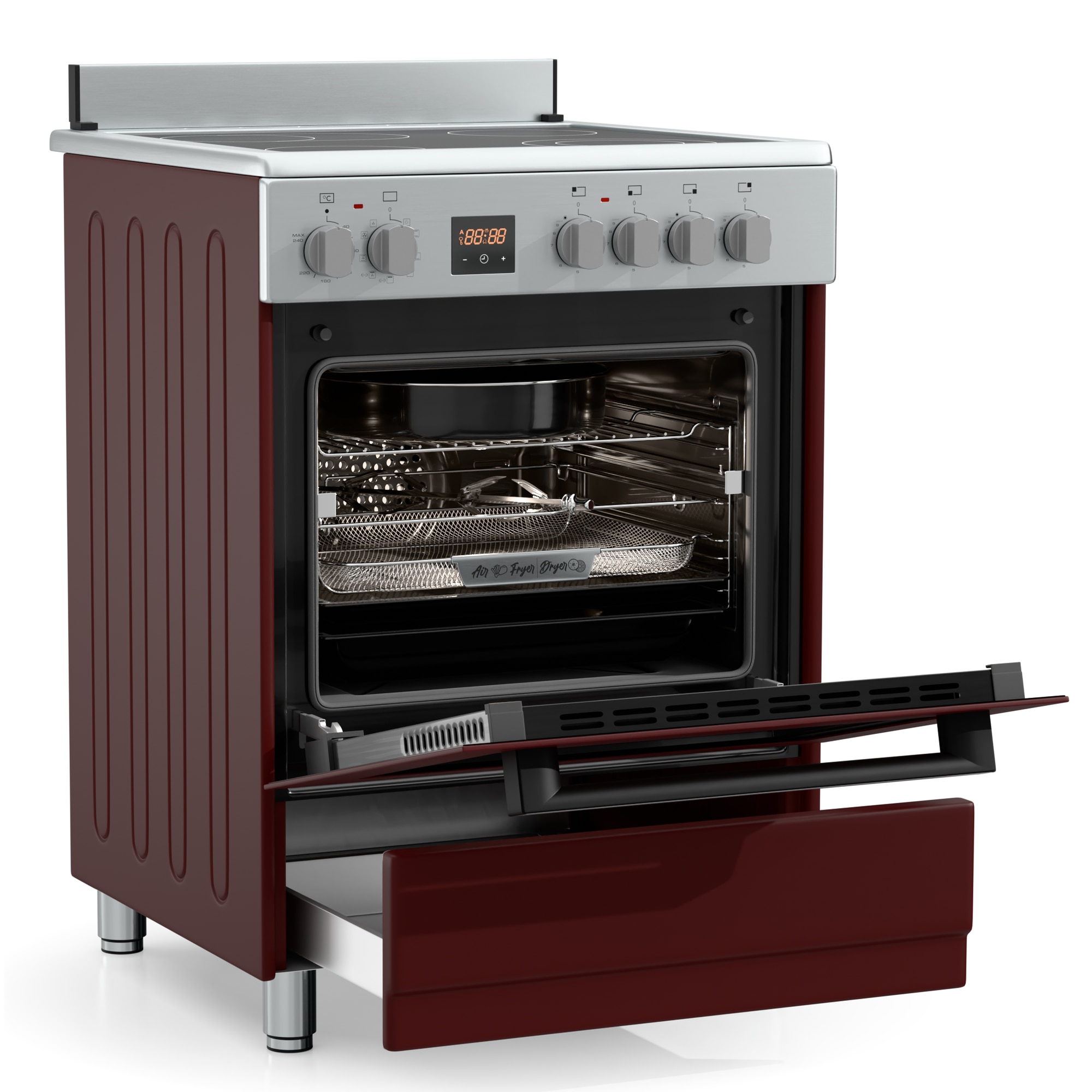 Aragaz Hyundai HCVR24S-6060V/G, 4 zone de gatit, Electric, Latime 60 cm, Inaltime 90 cm, Airfry, Rotisor, Constructii grele semi-profesionale, Bordeaux