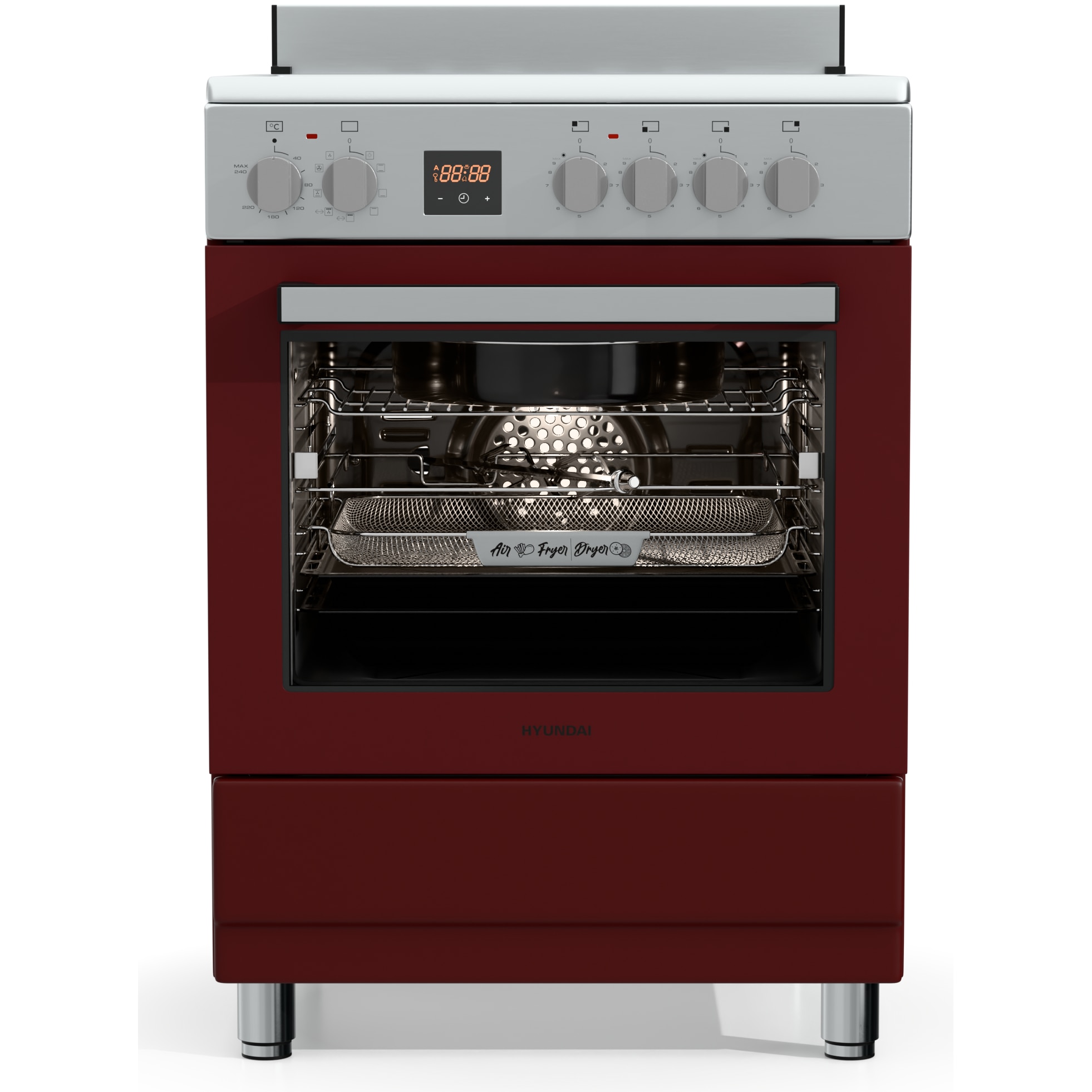 Aragaz Hyundai HCVR24S-6060V/G, 4 zone de gatit, Electric, Latime 60 cm, Inaltime 90 cm, Airfry, Rotisor, Constructii grele semi-profesionale, Bordeaux
