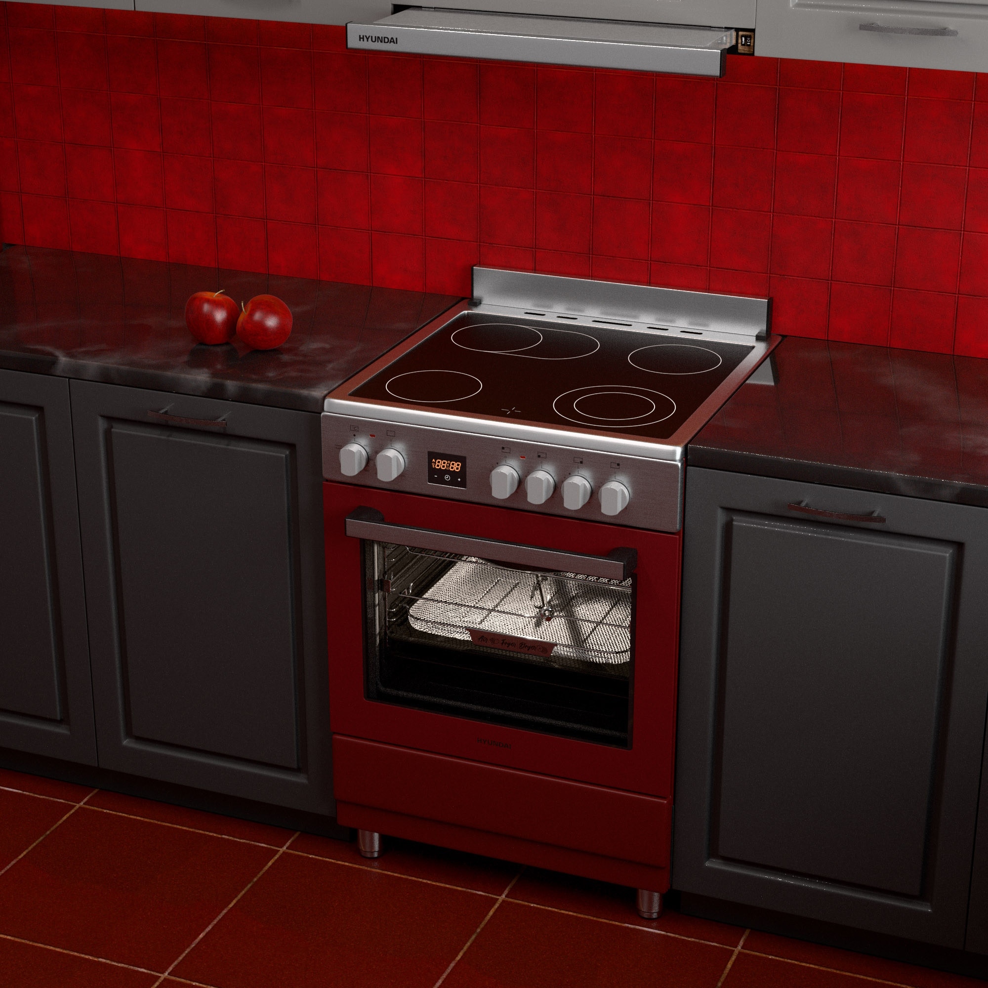 Aragaz Hyundai HCVR24S-6060V/G, 4 zone de gatit, Electric, Latime 60 cm, Inaltime 90 cm, Airfry, Rotisor, Constructii grele semi-profesionale, Bordeaux