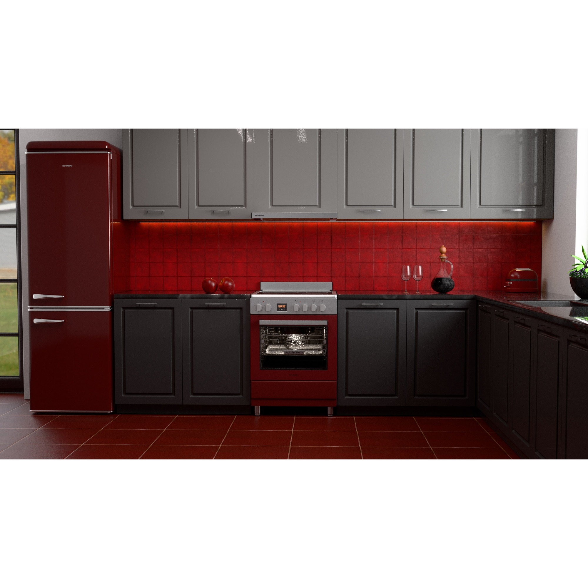 Aragaz Hyundai HCVR24S-6060V/G, 4 zone de gatit, Electric, Latime 60 cm, Inaltime 90 cm, Airfry, Rotisor, Constructii grele semi-profesionale, Bordeaux