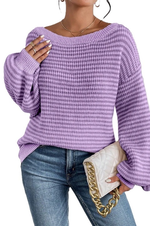 Pulover Dama, Croiala Lejera, Cu Dungi Si Umeri Cazuti, Mov inchis