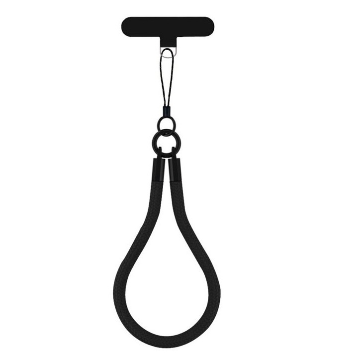 Snur pentru telefon, de tinut la incheietura mainii, 19.4cm, metal si textil, Negru