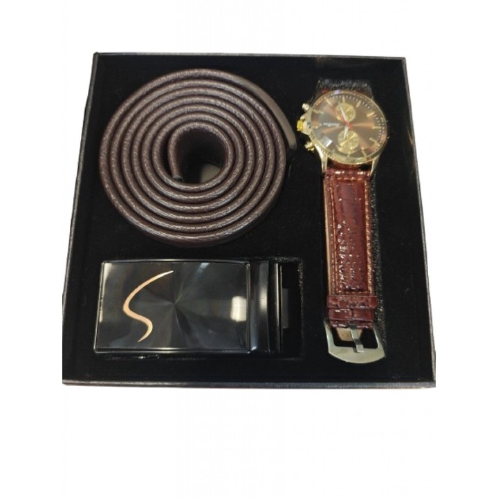 Подаръчен мъжки комплект с кварцов часовник, Колан от естествена кожа, Катарама: Автоматична с декоративни елементи, Размер: Регулируем, Цвят: Кафяв