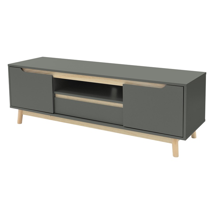 Comoda TV ML-Design, verde, lemn de pin/ MDF, 140x40x46 cm, cu 2 usi si rafturi, capacitatea de incarcare de 40 kg