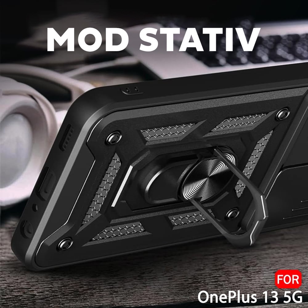 Husa pentru OnePlus 13 cu inel rotativ 360 Daden, Camshield series, Hybrid Antisoc, Slider pentru protectia camerei, Negru