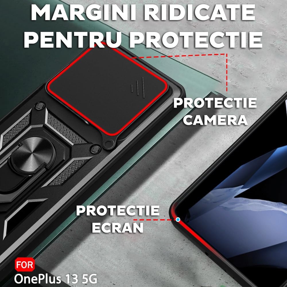 Husa pentru OnePlus 13 cu inel rotativ 360 Daden, Camshield series, Hybrid Antisoc, Slider pentru protectia camerei, Negru