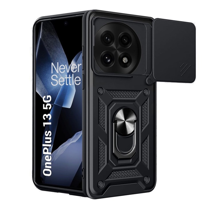 Husa pentru OnePlus 13 cu inel rotativ 360 Daden, Camshield series, Hybrid Antisoc, Slider pentru protectia camerei, Negru
