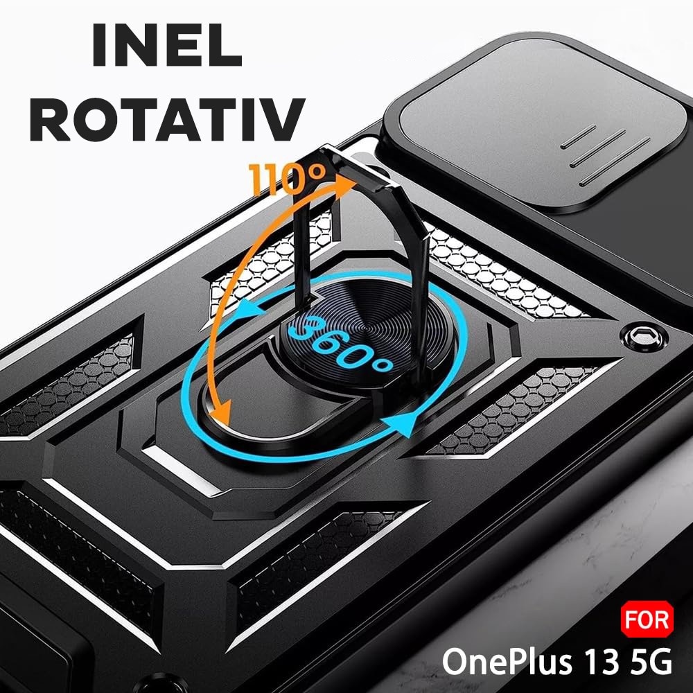 Husa pentru OnePlus 13 cu inel rotativ 360 Daden, Camshield series, Hybrid Antisoc, Slider pentru protectia camerei, Negru