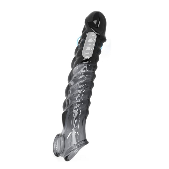 Penis vibrator, EXCITAT®, Sex Toys, Extender Ultra Soft Enlarger, Extra lung, Extra gros, Stimulator vaginal feminin Clitoral G-Spot, Reutilizabil, Vibrator cu vene proeminente, Rezistent la apa, Set inel testicul, TPE, Negru