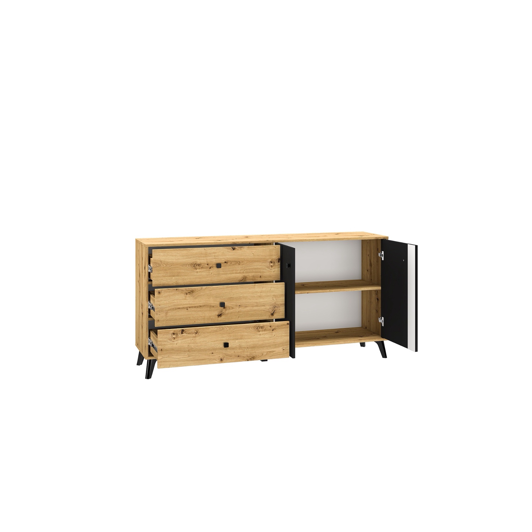 Comoda cu 3 sertare si 2 usi, stejar artisan/negru, 165x83x40 cm, modern, model pe mijloc usa, picioare negre, pentru living, dormitor, hol