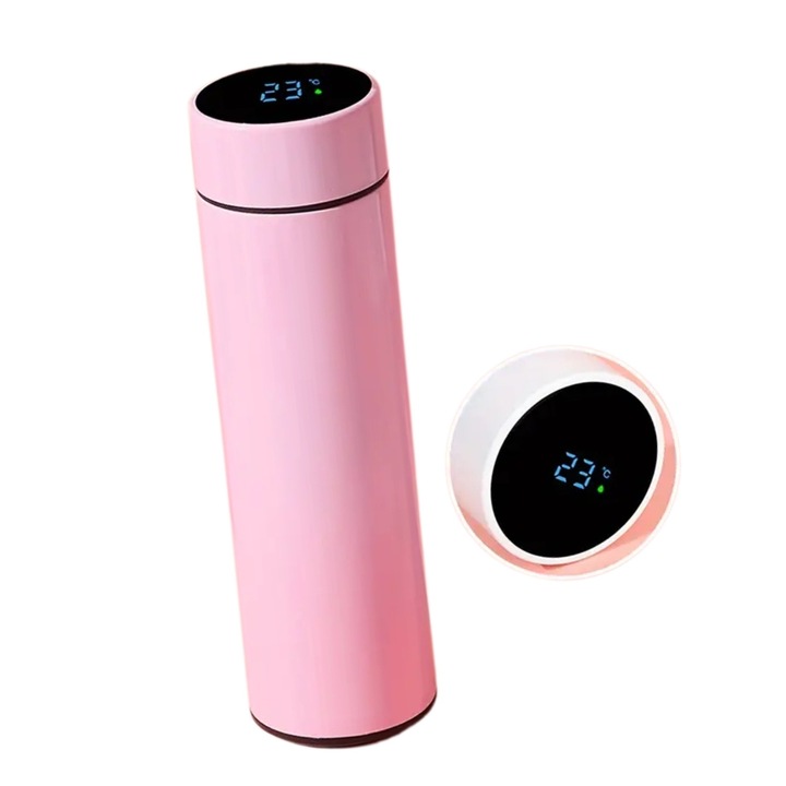 Thermos Smart 500 ml, érintőképernyős LED kijelző, infúziós szűrő, dupla szigetelésű fal, szivárgásgátló fedél, hőmérséklettartó, ideális teához és kávéhoz, modern dizájn, rózsaszín, tökéletes utazáshoz, irodai vagy napi használatra, elegáns és praktikus