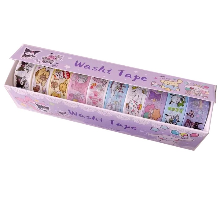 Комплект тиксо Washi с рисунки на котки и кучета, 10 ролки, 1 м x 1,5 см, многоцветни