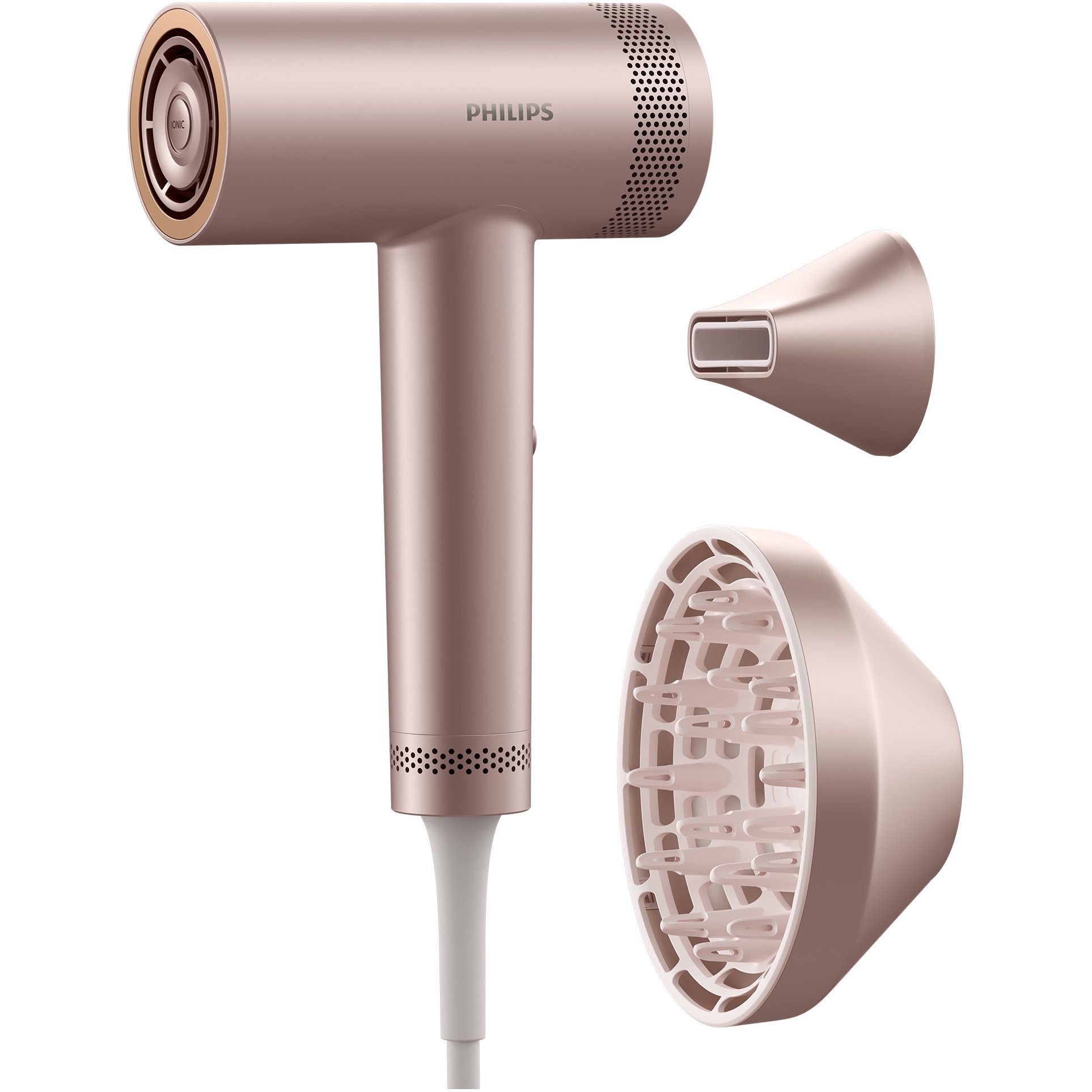 Uscator de par Philips Seria 8000 BHD837/10, tehnologie ThermoShield Advanced, ingrijire cu ioni, 3 setari de viteza, 7 setari de temperatura, difuzor magnetic + cap de coafare mag