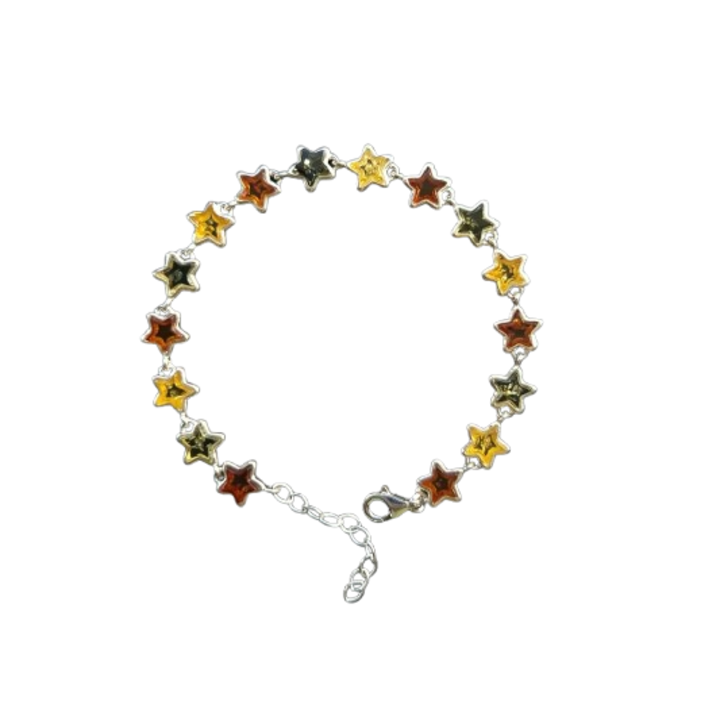 Bratara din argint cu chihlimbar multicolor, model stea, lungime 16-19 cm, 7.9 g