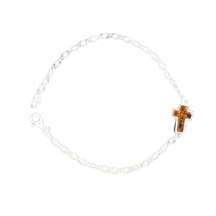 Bratara DIN argint cu chihlimbar de culoare maro cognac, model cruce, lungime 20 cm, ajustabila, 3.1 g