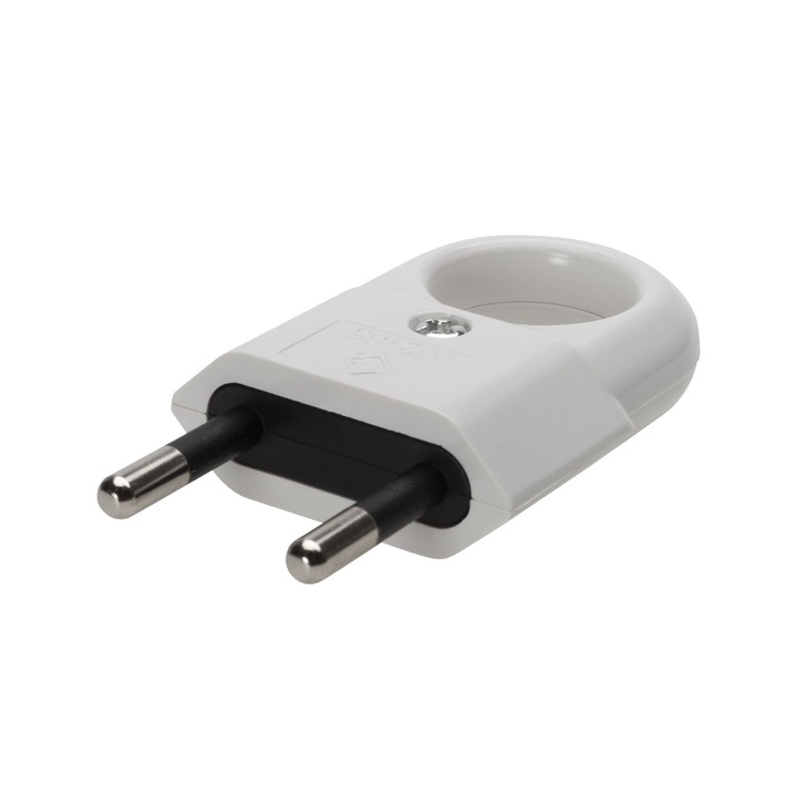 Stecher plat, fara CP, cu inel extragere, iesire spate, plastic, alb