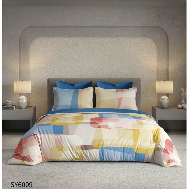 Lenjerie de pat Bumbac Finet, 2 persoane, 6 piese, Model Multicolor, SY6009