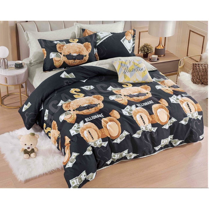 Спален комплект Tecos, 6 части, за 2 души, завивка 200x230 см, втален чаршаф 180x200 см, фин памук, бежов с щампа BILLIONAIRE