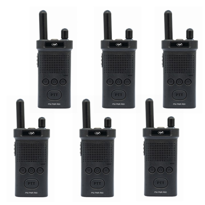 Pachet statii radio portabile PNI PMR R60 446MHz, 0.5W, 16 canale, tonuri 50 CTCSS si 104 DCS, Scan, blocare taste, acumulatori 1200mAh, set 6 bucati