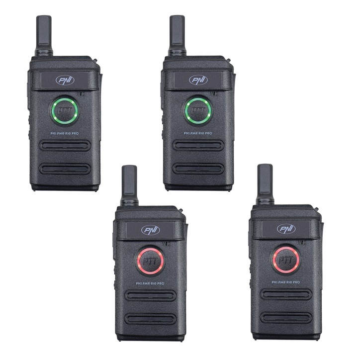 Set 4 statii radio portabile PNI PMR R10 PRO, 446MHz, 0.5W, 16 canale programabile, Monitor, Scan, acumulator 1500 mAh