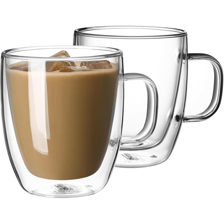 Комплект от 2 стъклени чаши с двойни стени, 12,5 oz, прозрачни, идеални за еспресо, капучино, лате