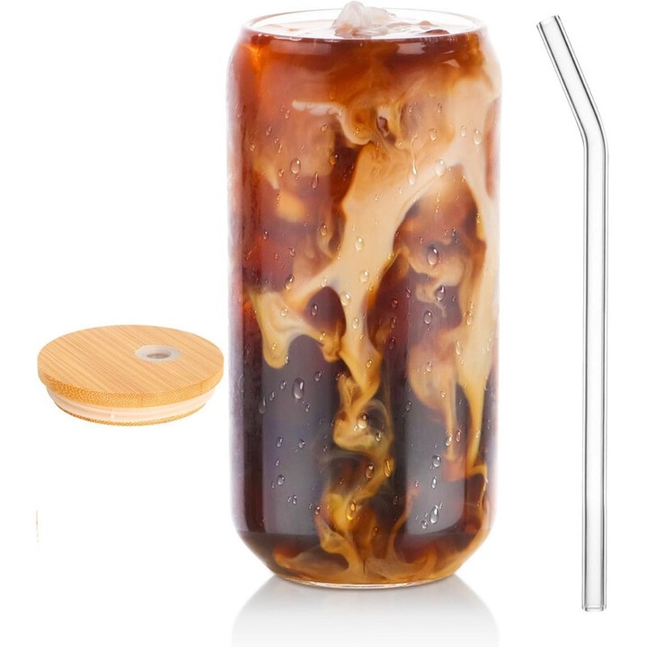 Чаша от боросиликатно стъкло, 16oz, с бамбуков капак и сламка, за топли и студени напитки