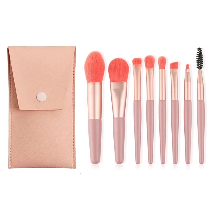 Set Pensule Machiaj Travel Size Glamour On The Go, Par Sintetic, Maner din lemn, Compacte, Usor de curatat, Machiaj Complet, Multifunctionale, Profesional, Incepator, Husa din Piele Ecologica, Roz