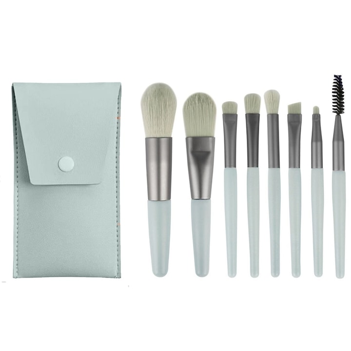 SSet Pensule Machiaj Travel Size Glamour On The Go, Par Sintetic, Maner din lemn, Compacte, Usor de curatat, Machiaj Complet, Multifunctionale, Profesional, Incepator, Husa din Piele Ecologica, Verde