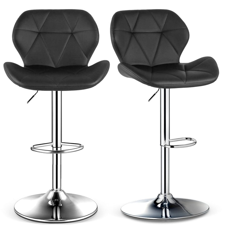 Set 2 scaune bar Quasar & Co.®, inalt, inaltime reglabila, rotativ, sistem rotire 360°, picior antiderapant, baza cromata, suport fix metalic pentru picioare, sezut tip scoica, scaune pretabile bucatarie, piele ecologica, NOMA, negru