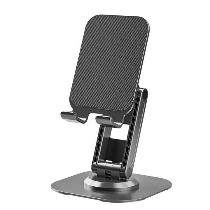 Suport universal metalic pentru telefon mobil si tableta, baza rotativa 360 grade, telescopic, pliabil, din metal negru