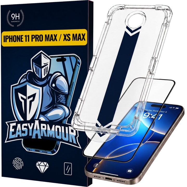 Set 2 Bucati – Folie Sticla pentru iPhone 11 Pro Max / XS Max cu Aplicator, Aplicare Usoara in 5 Secunde, Duritate 9H, Full Cover 3D, Tratament Oleofobic Anti-Amprenta, Instalare Fara Bule, Margini Negre, Protectie Premium Rezistenta la Socuri, EasyArmour