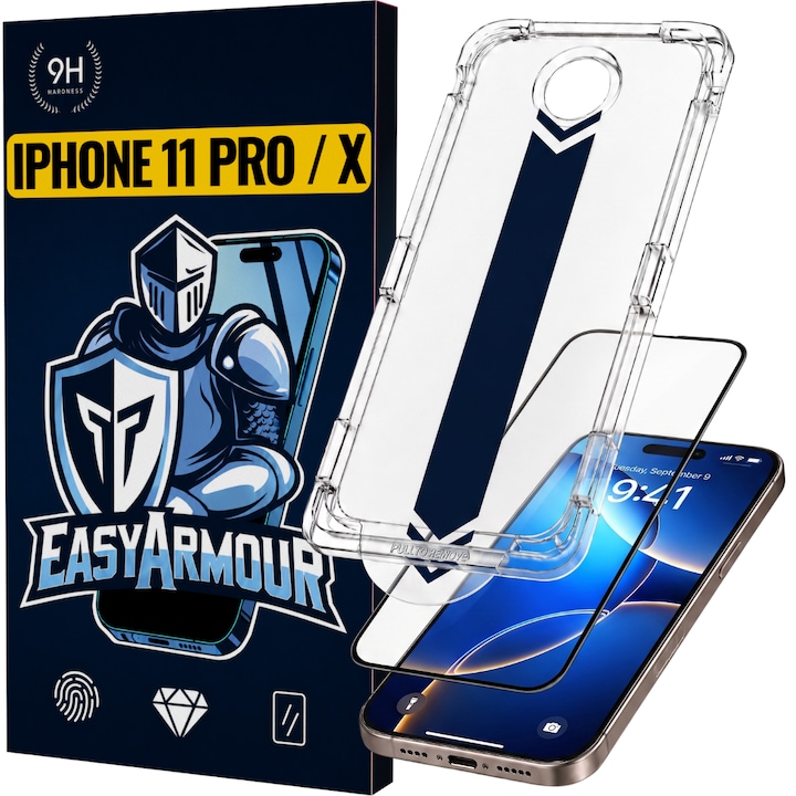 Set 2 Bucati – Folie Sticla pentru iPhone 11 Pro / X / XS cu Aplicator, Aplicare Usoara in 5 Secunde, Duritate 9H, Full Cover 3D, Tratament Oleofobic Anti-Amprenta, Instalare Fara Bule, Margini Negre, Protectie Premium Rezistenta la Socuri, EasyArmour