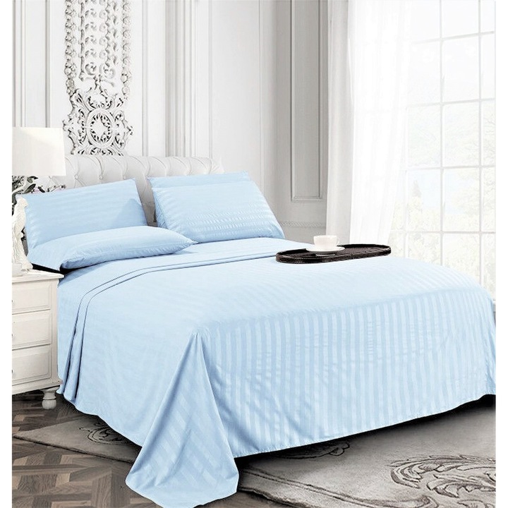 Kotonia Home Deco чаршаф, 100% памук, дамаски сатен, 240x260 см, размер на райето 1 см, син