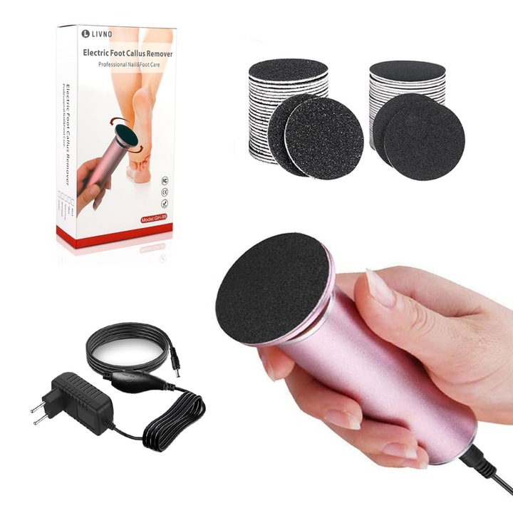 Pila electrica pentru picioare, LIVNO, 60 discuri de smirghel, viteza ajustabila, pentru piele moarta si calusuri, roz